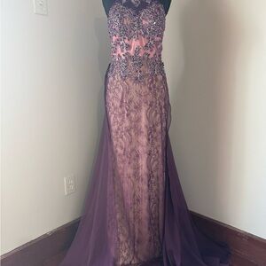 Dave & Johnny Purple and Pink Lace Prom Dress